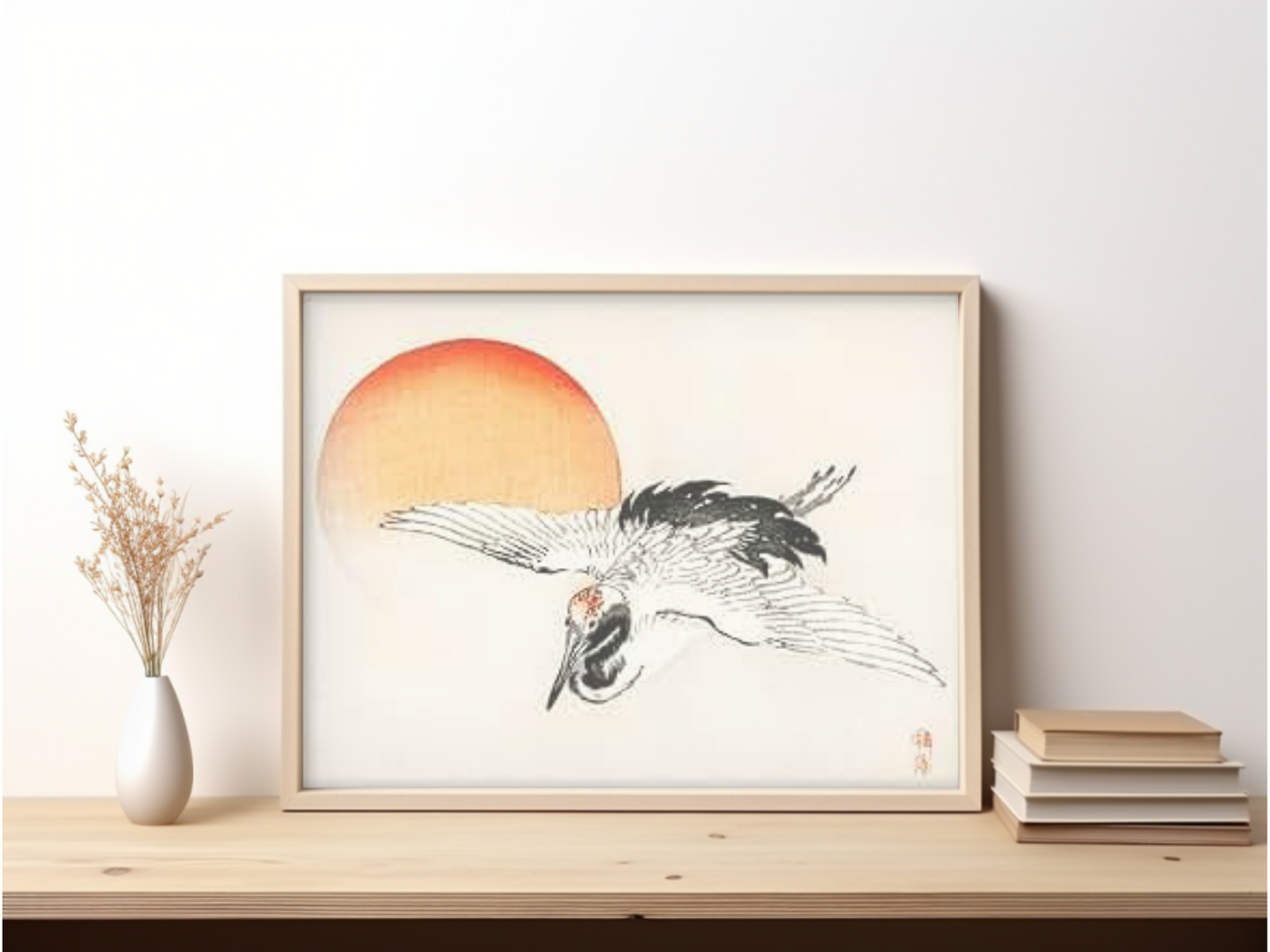 Premium pure wood-framed GICLEE print of Flying crane by Kōno Bairei Folio with anti-glare museum-quality glass.