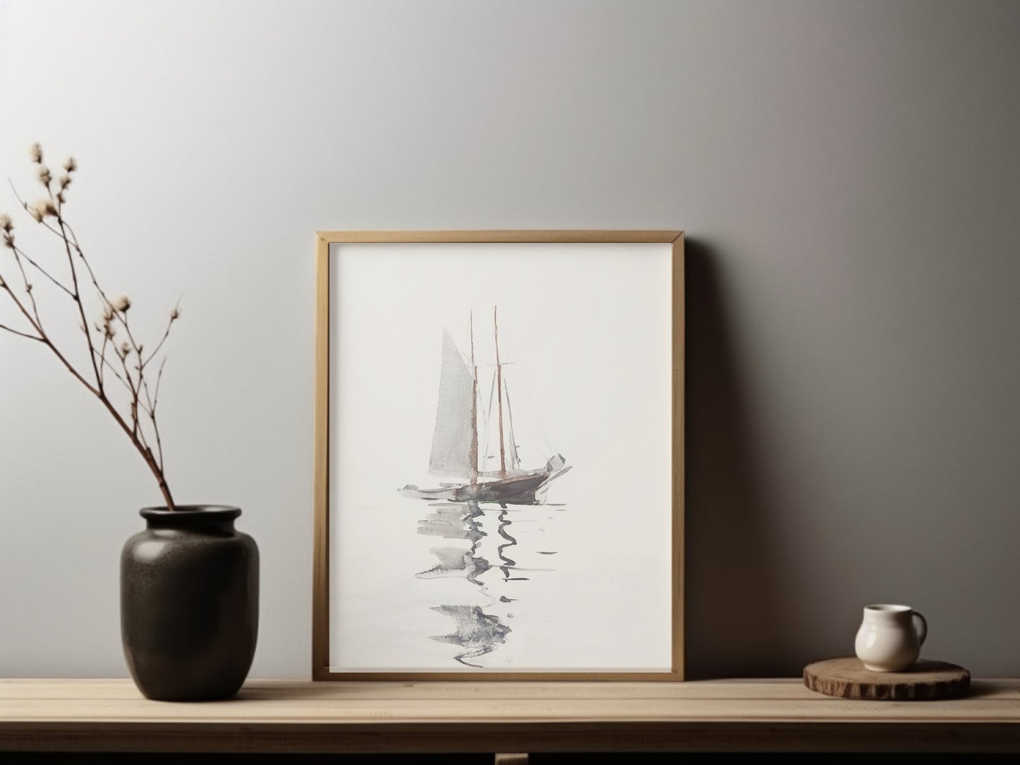 Tranquil Sailboat Vessel Floating Lone Ocean Reflection Poster by Lettered And Lined - copper.red.co